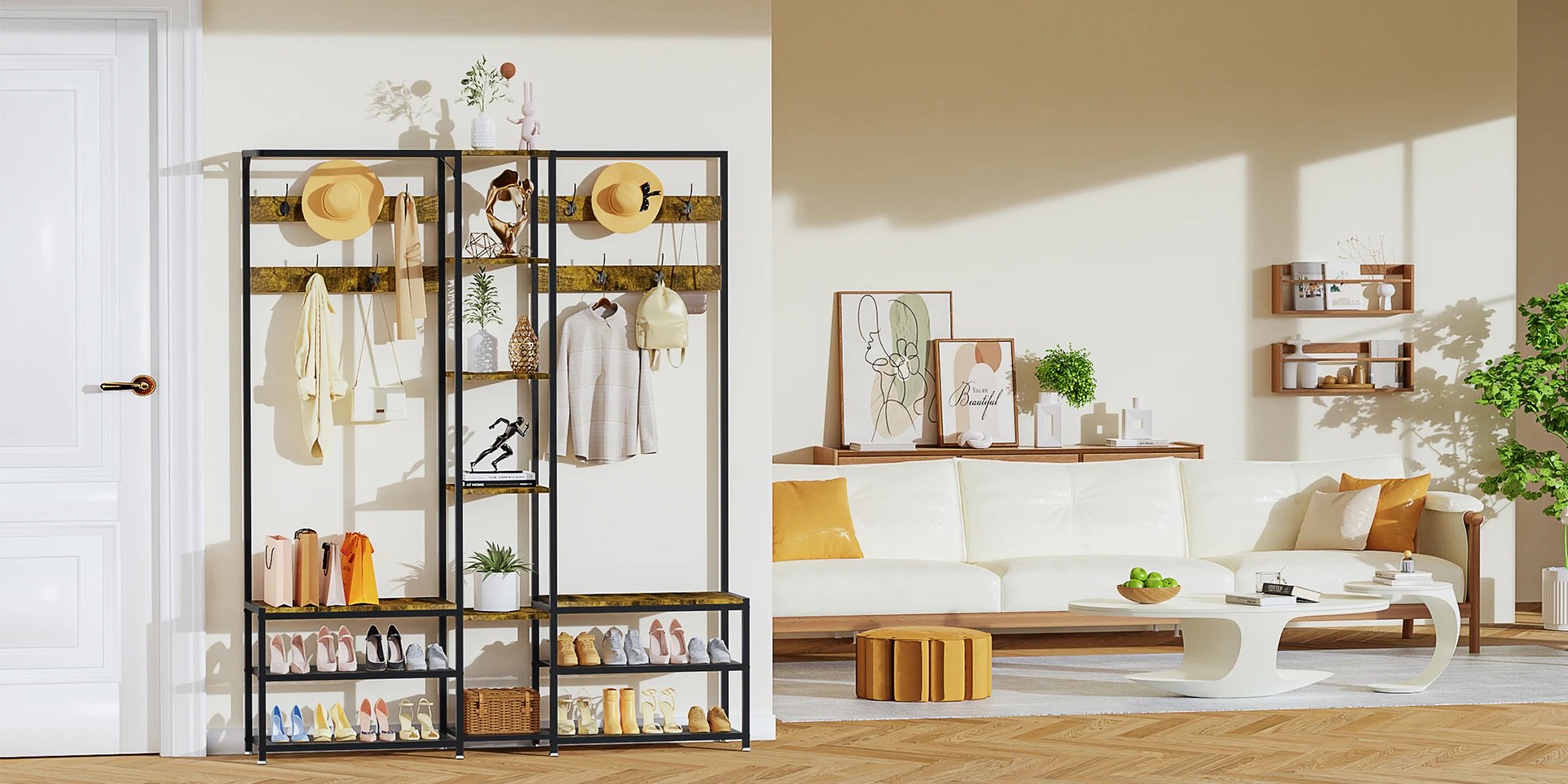 178cm Tall Hall Tree with Shoe Rack Bench and 10 Hooks Entryway Coat Rack Shoe Storage Organizer for Hallway Bedroom