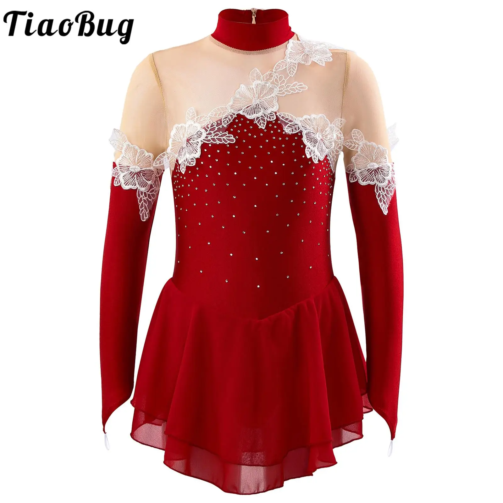 Kids Girls Applique Rhinestone Ballet Dance Dress Long Sleeve Gymnastics Skirted Leotard Competition Figure Ice Skating Costume