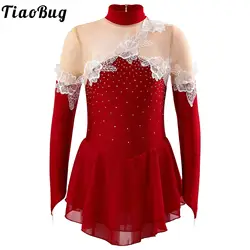 Kids Girls Applique Rhinestone Ballet Dance Dress Long Sleeve Gymnastics Skirted Leotard Competition Figure Ice Skating Costume