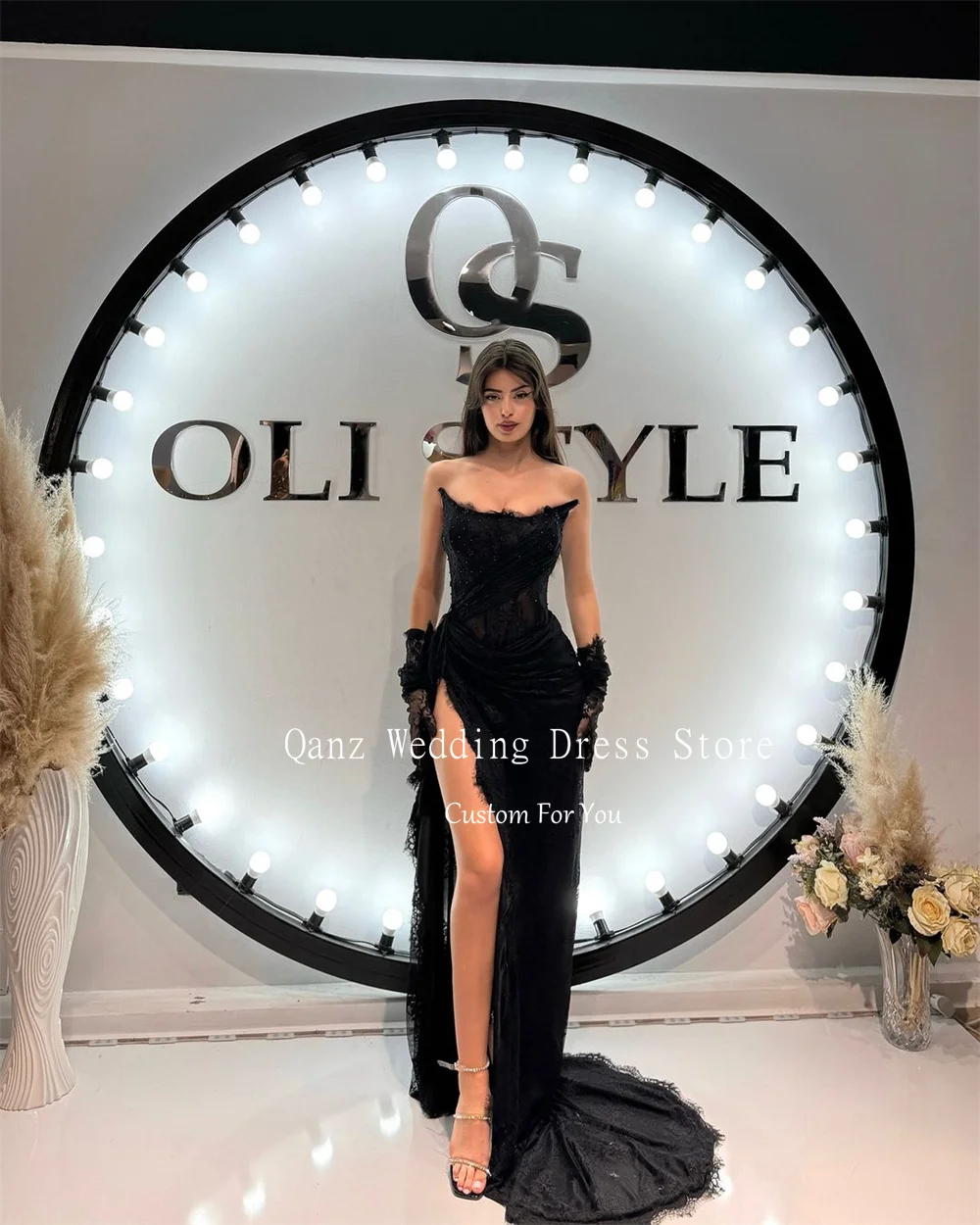 Qanz Luxury Lace Evening Dresses No Gloves Sexy High Leg Slit Strapless Party Gowns Corset Formal Occasion Dresses Customized