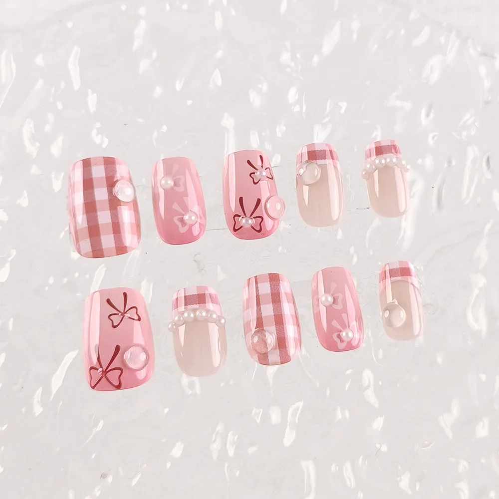 

10pcs Pink Square Short Press-On Nails with Bowknot Plaid and Cat Eye Patterns Glittery Solid Color Finish Handmade Fashion Nail