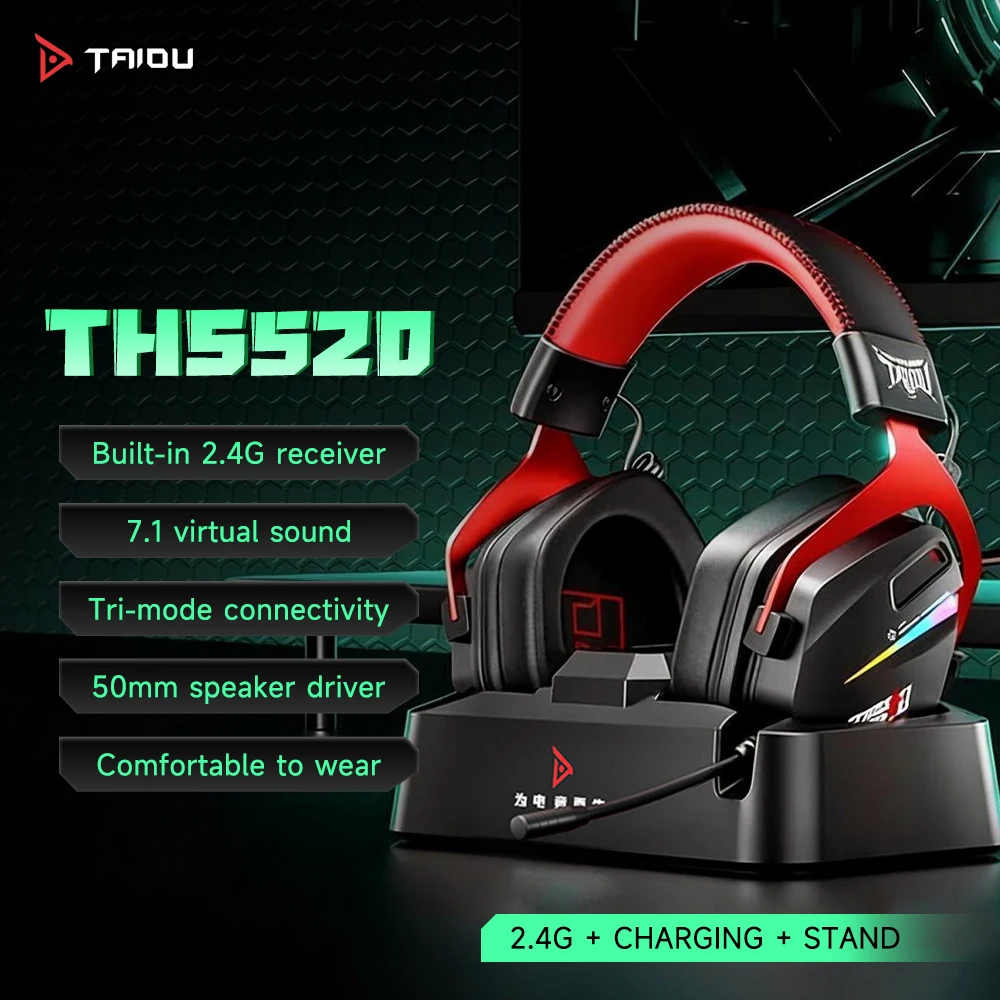 

Игровая гарнитура TAIDU THS520 с зарядной док-станцией, беспроводные наушники 2.4G Bluetooth 5.3, проводные наушники, RGB-подсветка, шумоподавление Mi