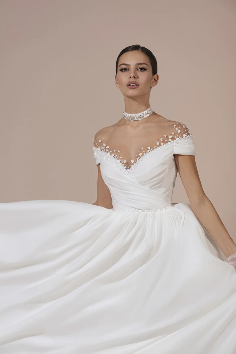 Elegante vestido de casamento cetim para mulheres, manga curta, organza linha A, personalizado para medir, apliques de renda, vestidos de noiva