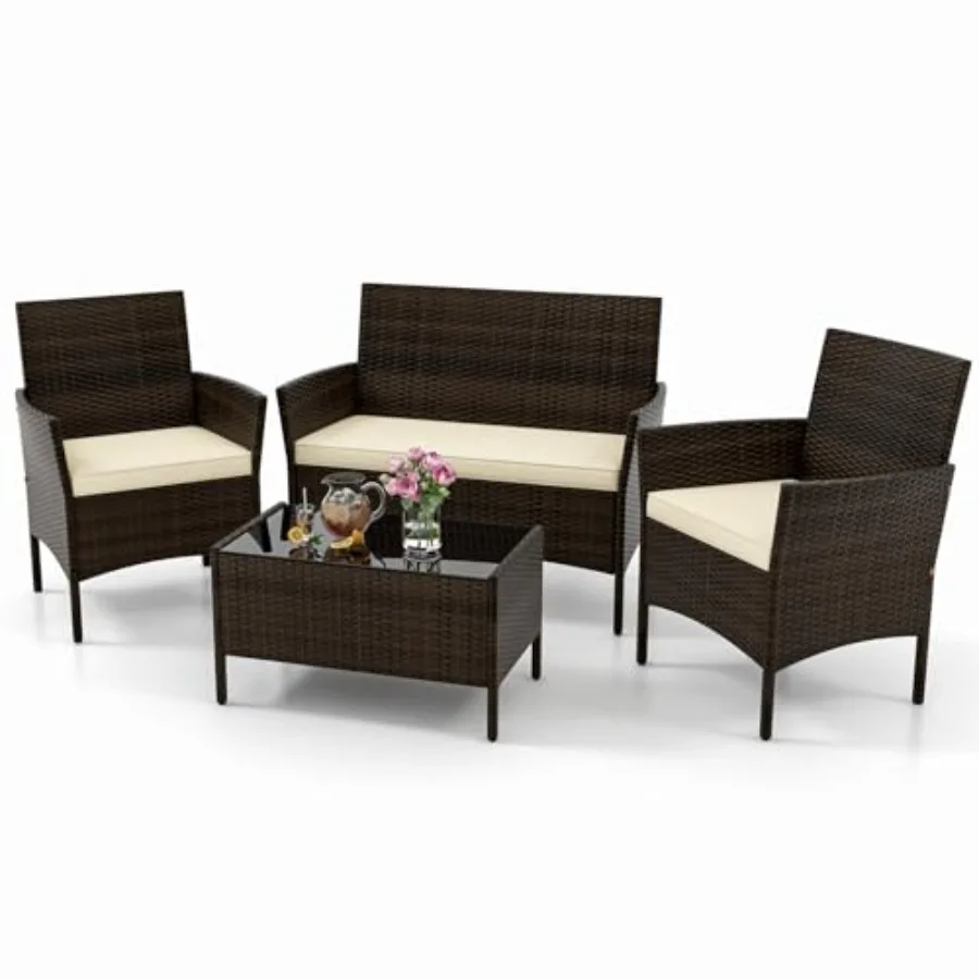 

KOTEK 4-х предметный набор мебели для патио, набор для бесед из ротанга на открытом воздухе с плетеными стульями с двухместным сиденьем, журнальный столик из закаленного стекла, викке