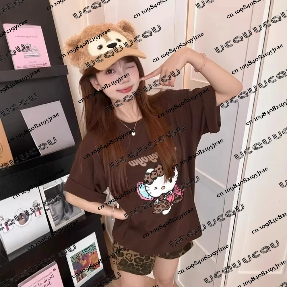 

Новый комплект футболок с короткими рукавами и принтом «Hello Kitty», милая футболка из чистого хлопка с принтом аниме, шорты с мультяшным принтом, женская одежда