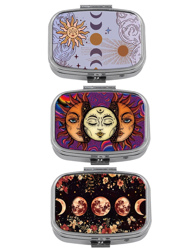 Moon Phase Pattern 2 Compartments Metal Medicine Box Portable Travel Decorated  Sealed Small Pill Organizer Container Storage