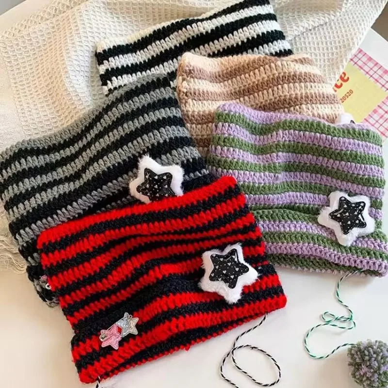 Y2K czapka typu Beanie w diabelskim uchu dzianina w paski wełniana czapka jesienno-zimowa szydełkowa urocze kocie uszy szydełkowa damska czapka