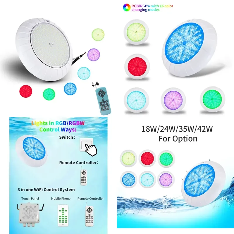 Refined 18w Ip68 Waterproof Wall Mounted Ultra Thin Resin Filled Led Underwater Swimming Pool Lights With Remote Control