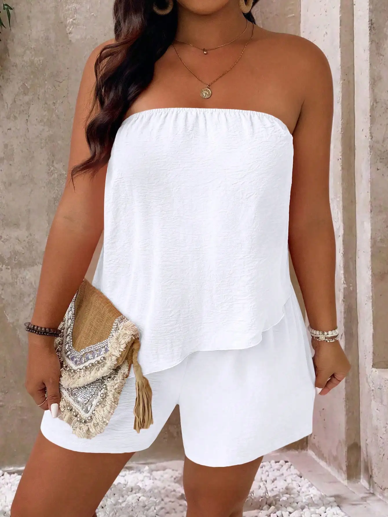 

Strapless Asymmetrical Top And Shorts Beach Vacation Casual 2 Pieces Set