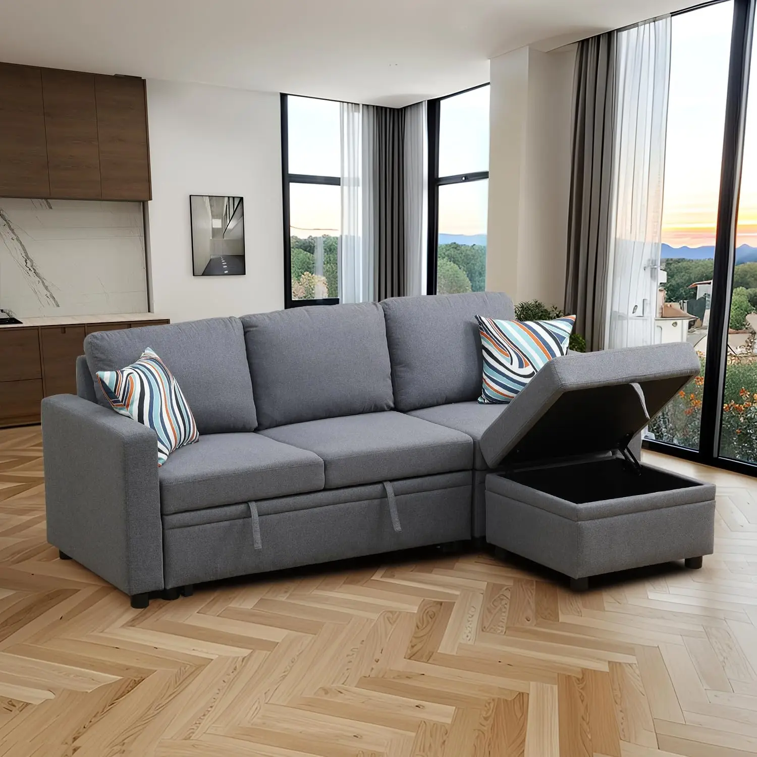 Schlafsofa-Set mit ausziehbarem Bett, Leinen-Sofagarnitur mit Stauraum und Ottomane mit Stauraum