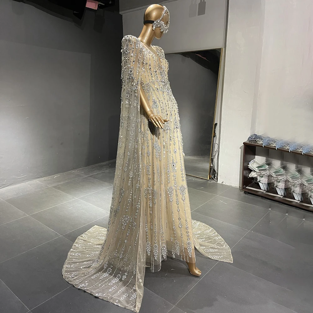 Suknia wieczorowa Sharon Said z luksusowymi kryształowymi perłami, arabskiej inspirowanej stylistyką, z pelerynami na rękawach, Dubaj, damska suknia formalna na wesele, model SS750, możliwość personalizacji.