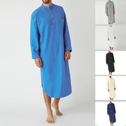 Muslim Arab Solid Color Long Sleeved Button Up Shirt Long Nightgown for Men