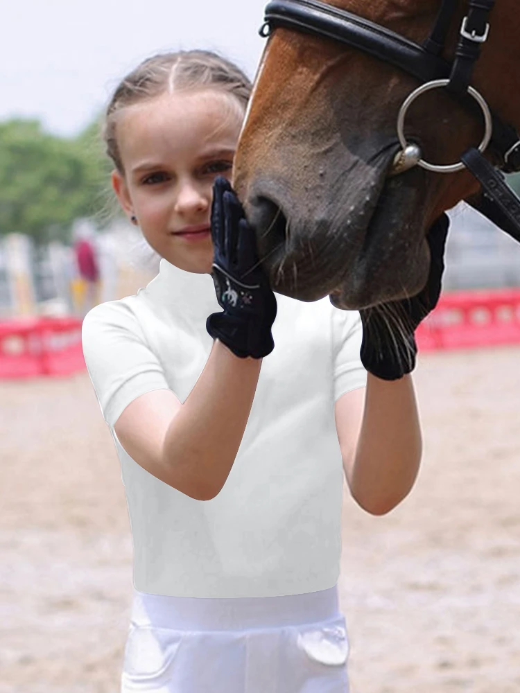 Top de manga curta equestre feminino, meninas, zíper, camisetas de equitação, esportes, camada básica, show de competição, verão