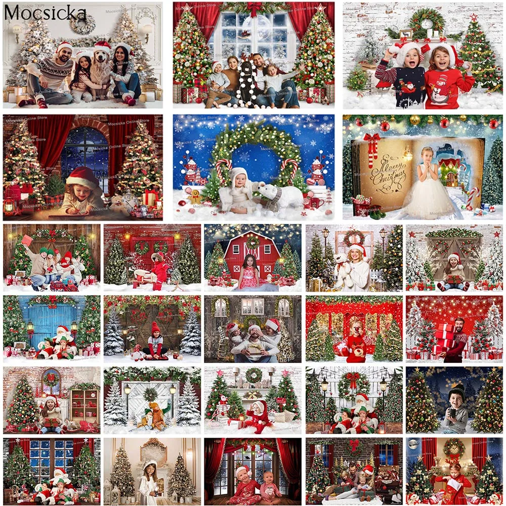 

Christmas Birthday Portrait Backdrop Photography Winter Fireplace Socks Wreath Gifts Xmas Tree Background Snow Family Party Prop