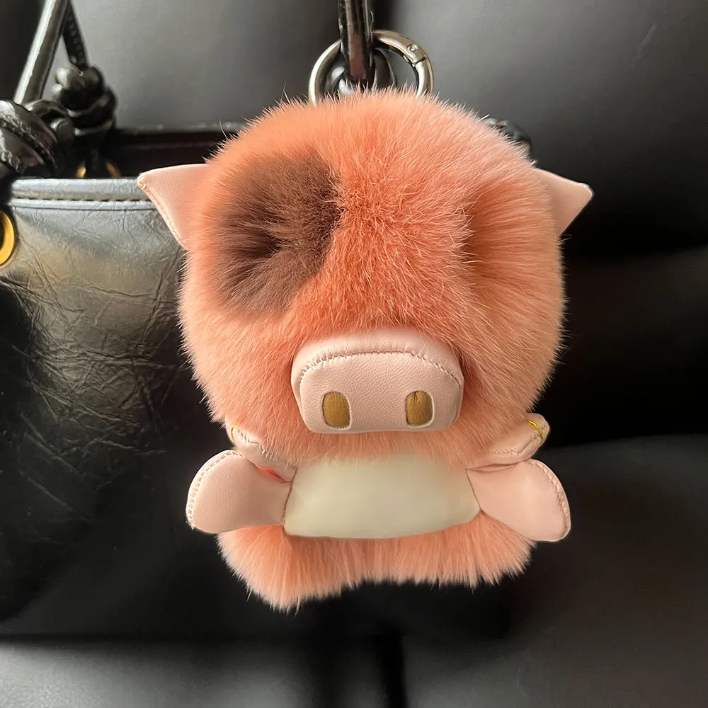 

Cute Real Rex Rabbit Fur Pig Keychain Korean Ins Fluffy Real Fur Piggy Bag Charm Kawaii Plush Doll Pendant Gift for Women Girls