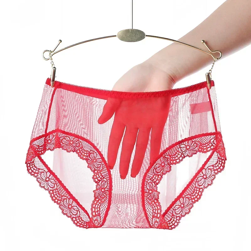 

Sexy Lace Ladies Briefs Mesh Hollow Out Mid Waist Women's Briefs Transparent Panties Traceless Underpants Women Lingerie
