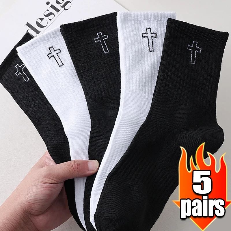 

Мужские черно-белые носки, весенне-летние длинные носки с вышивкой крестом, подростковые трендовые впитывающие пот носки