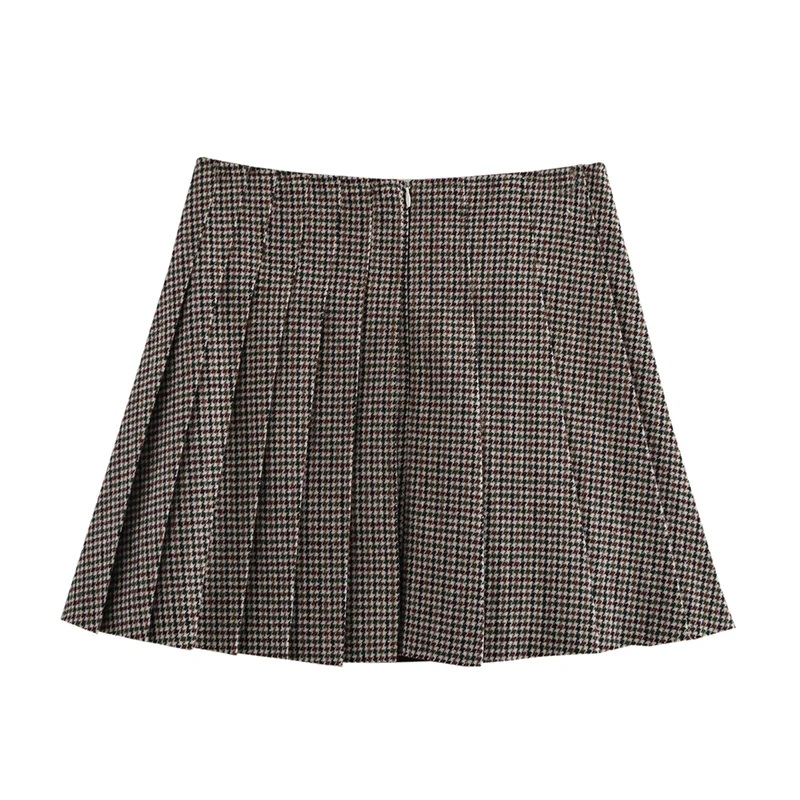 YENKYE 2025 Women Leather Buckle Decoration Wide Pleated Mini Skirt Vintage High Waist Office Elegant Houndstooth Skirts