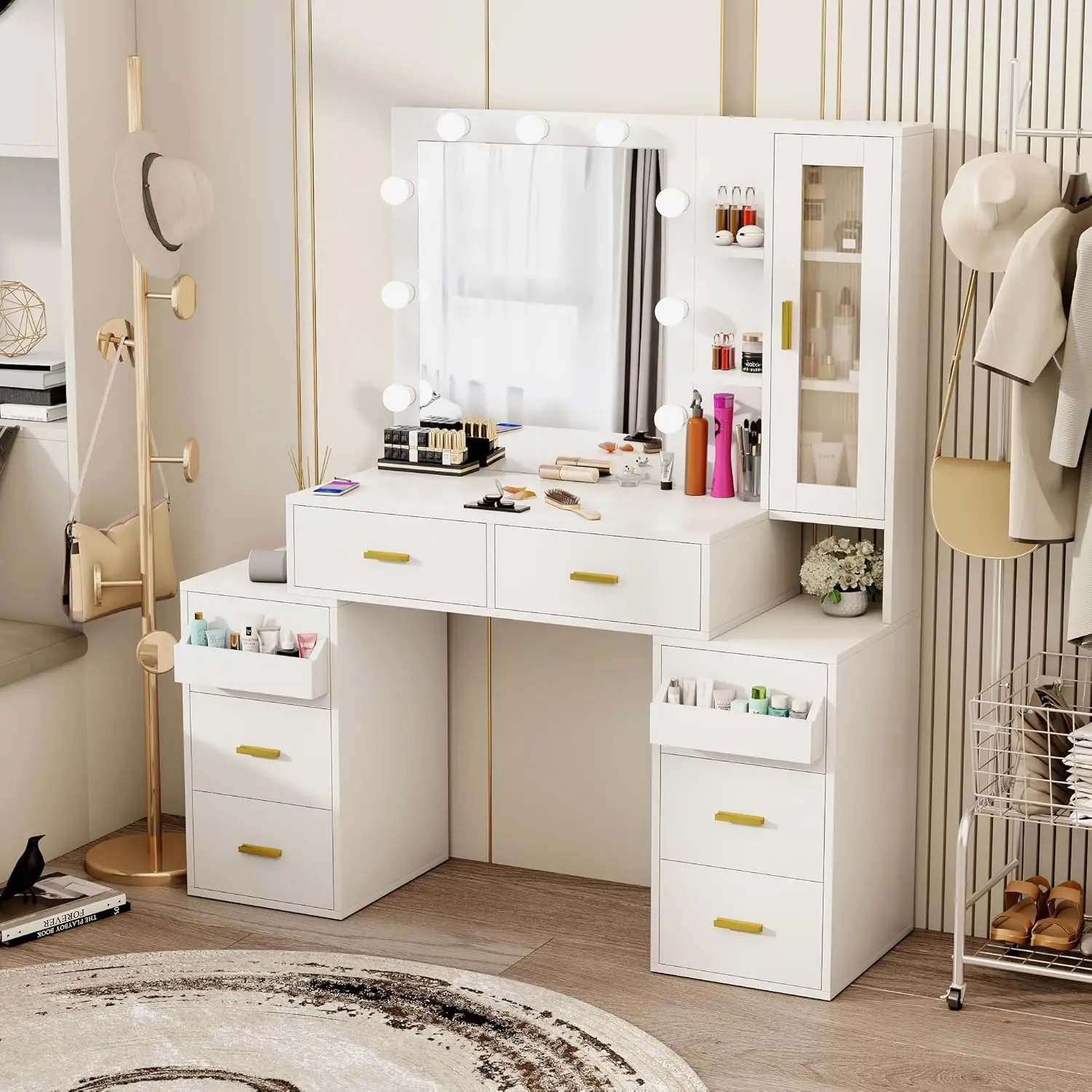 Bureau de maquillage avec miroir et 3 lumières pour documents, grand bureau de vanité avec station de charge, table de vanité avec 8 tiroirs