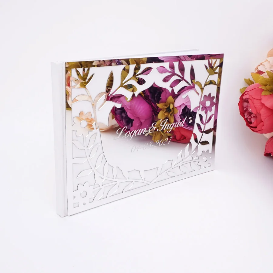 Luxuriöses Hohles Blumen-Spiegel-Acryl Hochzeits-Gästebuch Personalisiertes Namen- & Datums-Signatur-Album 25x18cm Maßgefertigtes Hochzeits-Journal