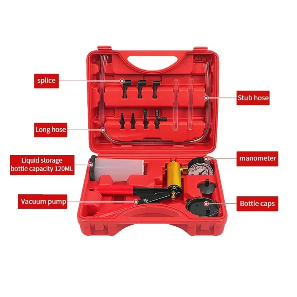 Handheld vacuum pump tester with car vacuum gauge and brake deflation kit equipped with car truck motorcycle adapter box