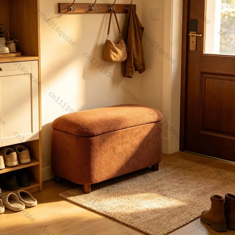 Orange Storage Bench, Modern Minimalist Design, Durable Wooden Leg Footstool