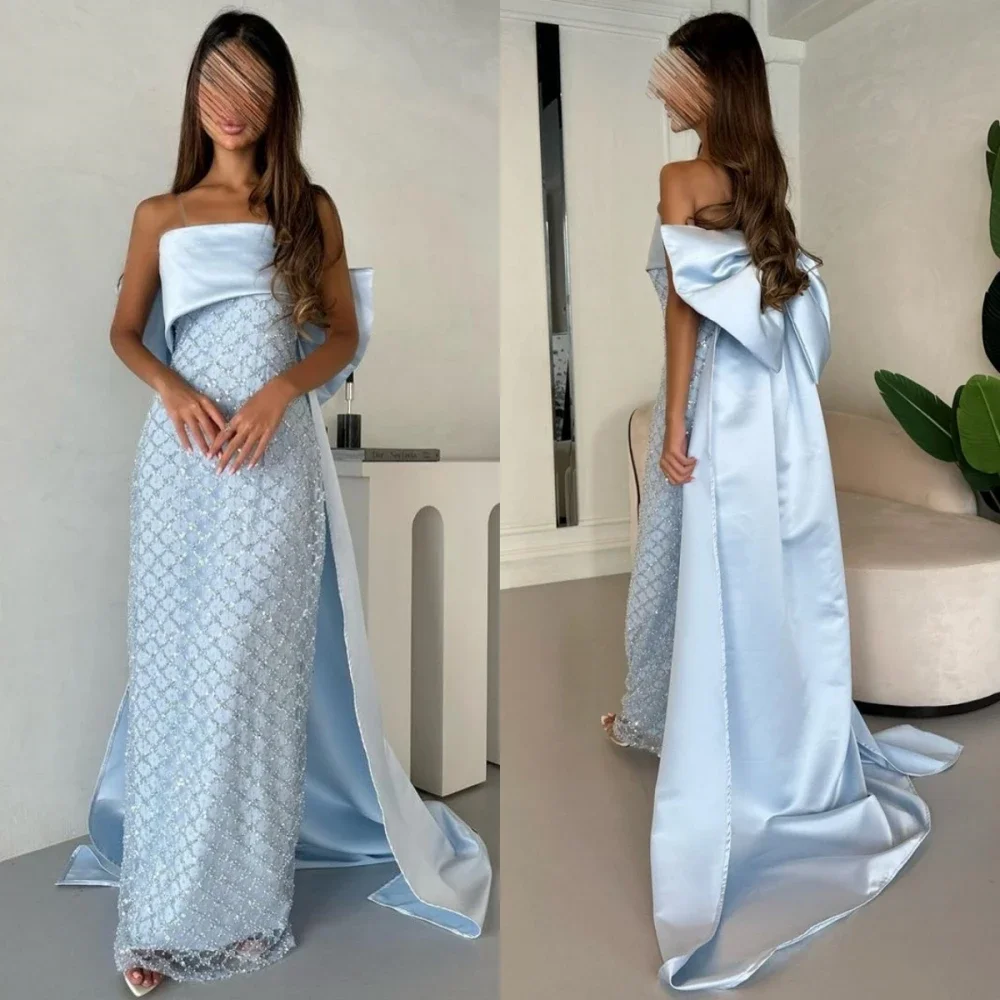 Prom Dresses Fashion Elegant Strapless Sheath Party Dress Floor Length Court Sleeveless Bows Satin Formal Evening Gowns Summer