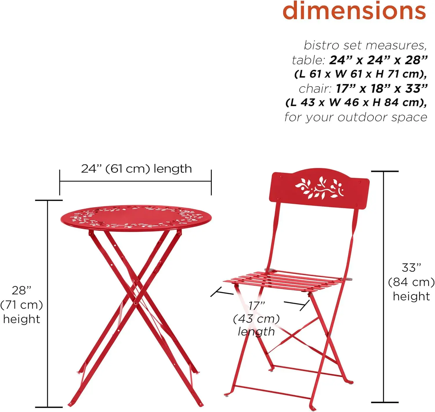 Red foldable 3-piece bistro set usable both indoors and outdoors, complete with one folding table and two matching chairs, compact casual seating for balcony and small garden