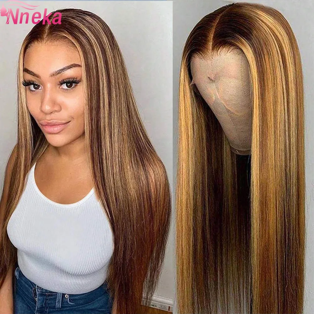 

Накладные парики из натуральных бразильских волос Highlight Bone Straight 13x6 13x4 HD Lace Frontal, омбре, медово-русые, для женщин