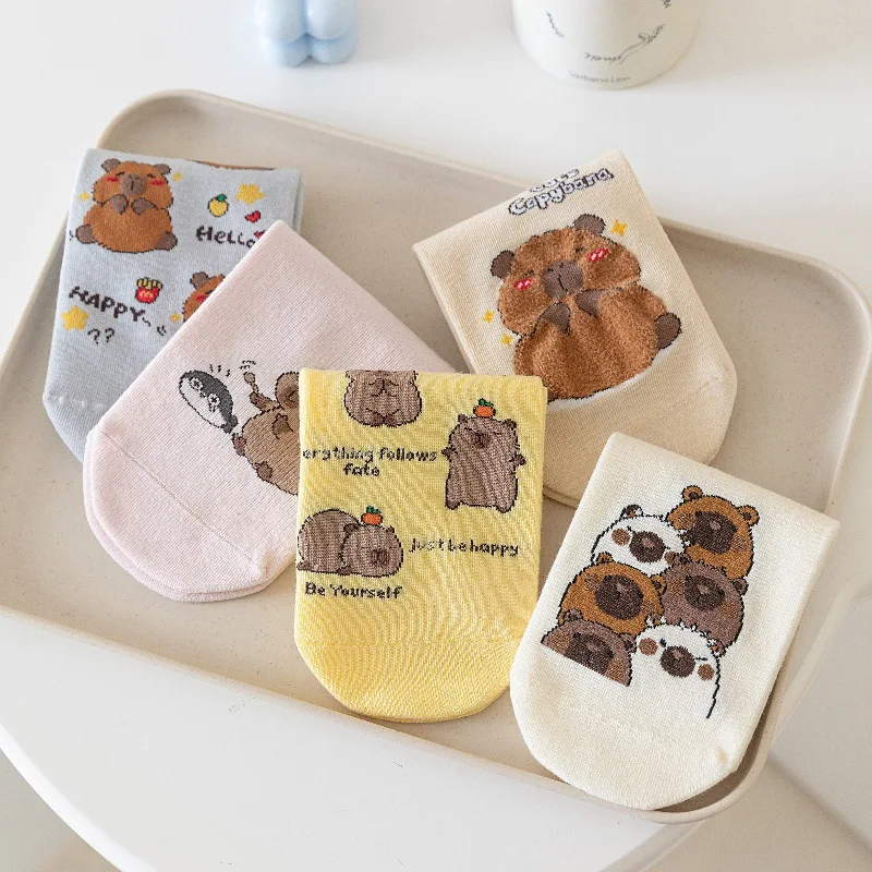 5 Pairs Ladies Cute Capybara Short Socks Cartoon Animal Pattern Soft Cotton Women Ankle Socks Kawaii Casual Daily Socks