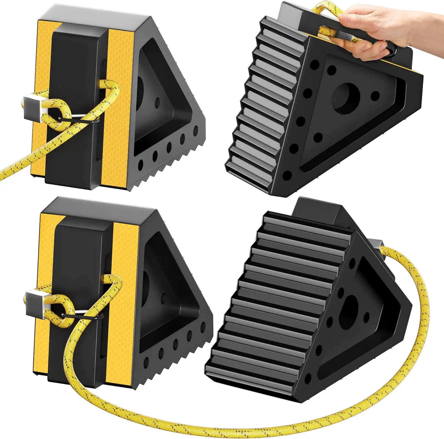 

4 Pack Heavy Duty Wheel Chocks with 39" Rope, Rubber Wheel Chocks for Trailers, RV, Cars, Trucks, ATV, Non-Slip Grip on Various