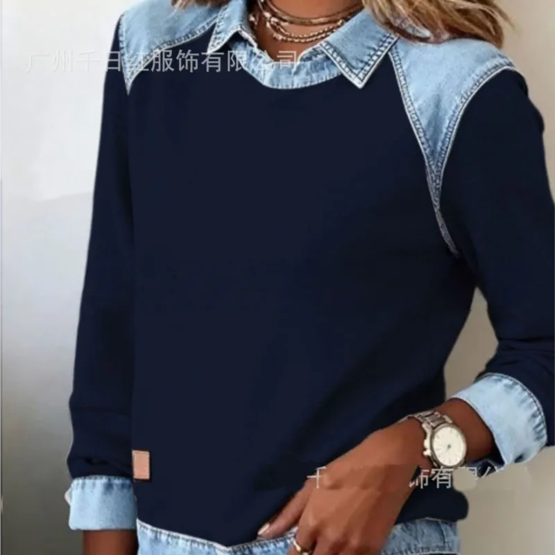 Color Block Knitwear Long Sleeve Denim Collar Top Pure Color Block Design Street Style Trendy Fashionable Women's Autumn Sweater