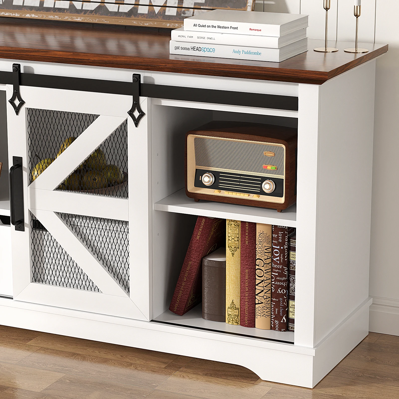 Modern TV Stand for TVs up to 60’’, Entertainment Center w/1 Drawer & 2 Storage Cabinets, Large Media Console Cabinet image 6