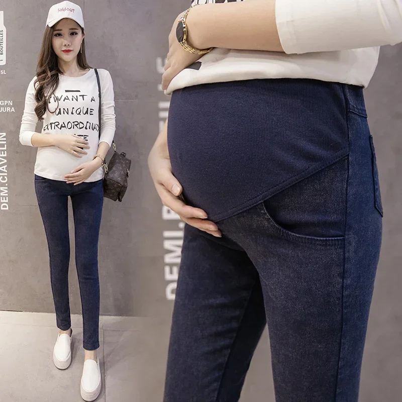 Calças jeans para maternidade, mulheres grávidas, alongamento, adereço longo, legging para barriga, roupas justas para gravidez