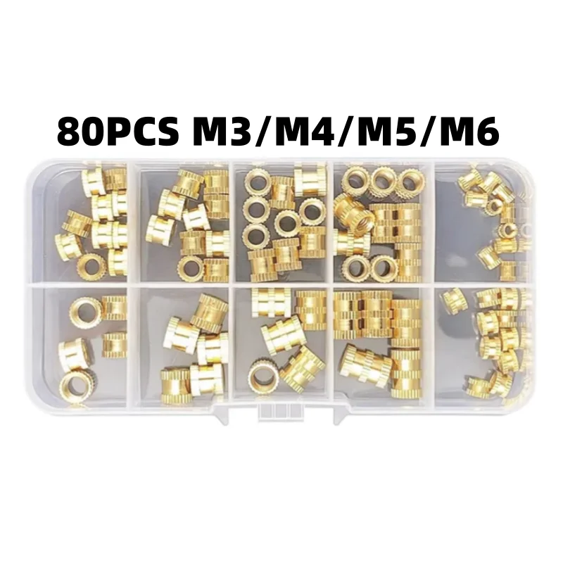 80PCS Knurled Brass Threaded Inserts Heat-Set Nuts M3 M4 M5 M6 for 3D Printed PLA ABS Resin Models