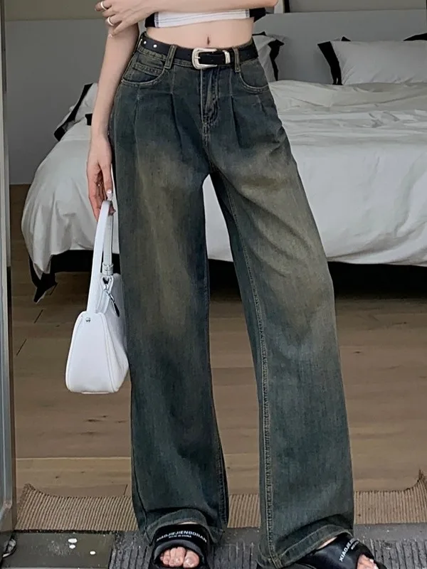

New Women's Straight Leg Elastic Denim Jeans Loose Wide Leg Long Pants High Waist Blue Waed Retro Design Korean Hong Kong S...