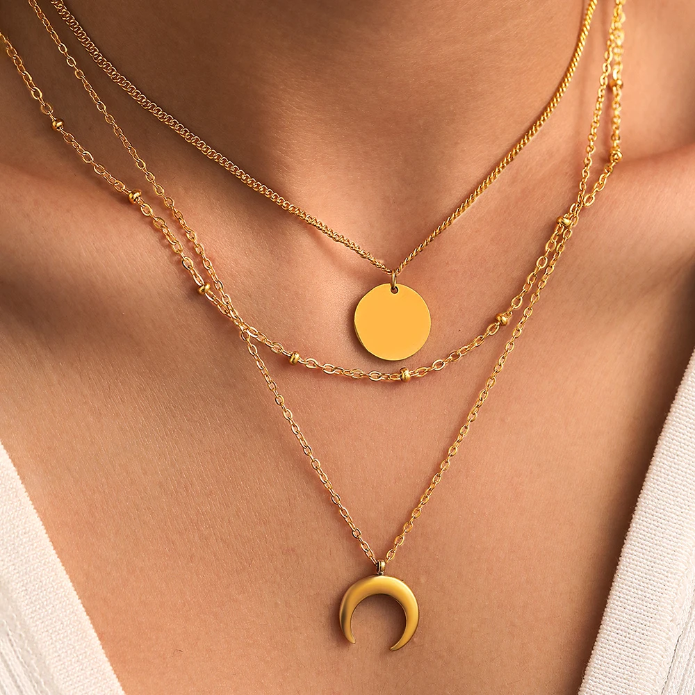 DGIDDK Stainless Steel Moon Round Pendant Necklace Female Triple Stacking Personalized Design Simple Fashion Collarbone Chain