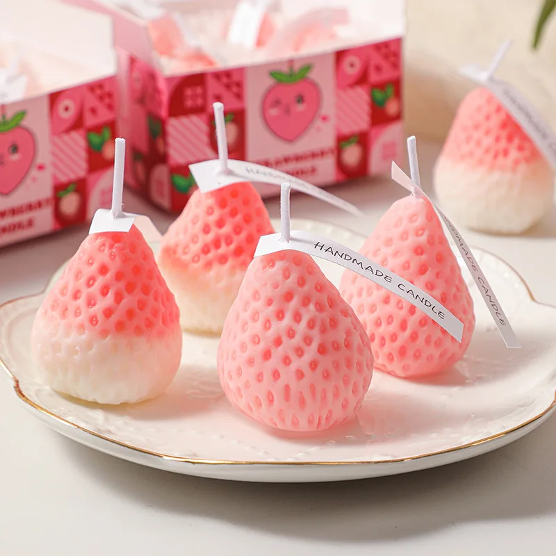 4pcs Strawberry-Shaped Miniature Scented Candles Realistic Fruit-Scented Aromatherapy Candles Perfect as a Trendy Photo Prop