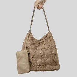 Casual Lingge Quilted Women Shoulder Bags Designer Padded Handbags Nylon Down Cotton Large Capacity Tote Bag Female Purse 2023