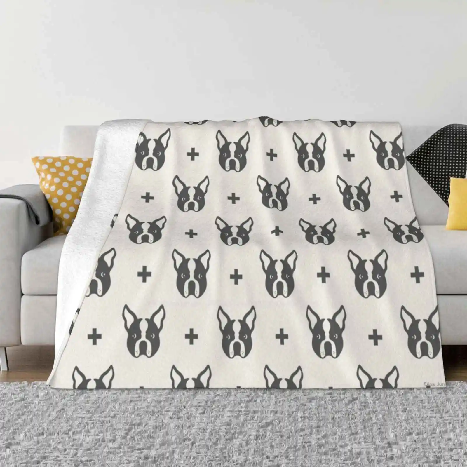 Boston Terrier Pattern Fashion Soft Warm Flannel Blanket Boston Terriers Puppy Doggy Face Cute Canine Black And White Gray