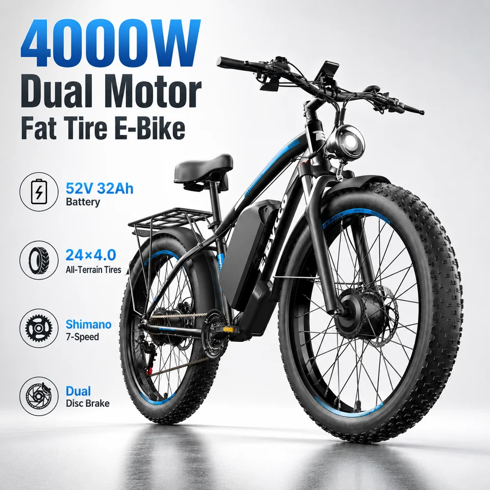 4000W Fat Tire Electric Bike 24×4.0 Mountain E Bike 52V 32Ah Dual Disc Brake Full Suspension Off Road Electric Bicycle