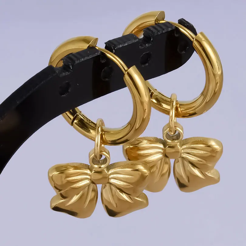 Echt vergoldet Mode Kpop Piercing Schmuck Mädchen Schleife Blume Herz Anhänger Ohrring Edelstahl Creolen für Frauen – Detail 28