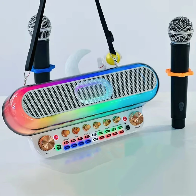 

2024 Home KTV Sound Card System Audio Machine RGB Speakers with Two Wireless Microphones Studio Recording For Tiktok Music Live