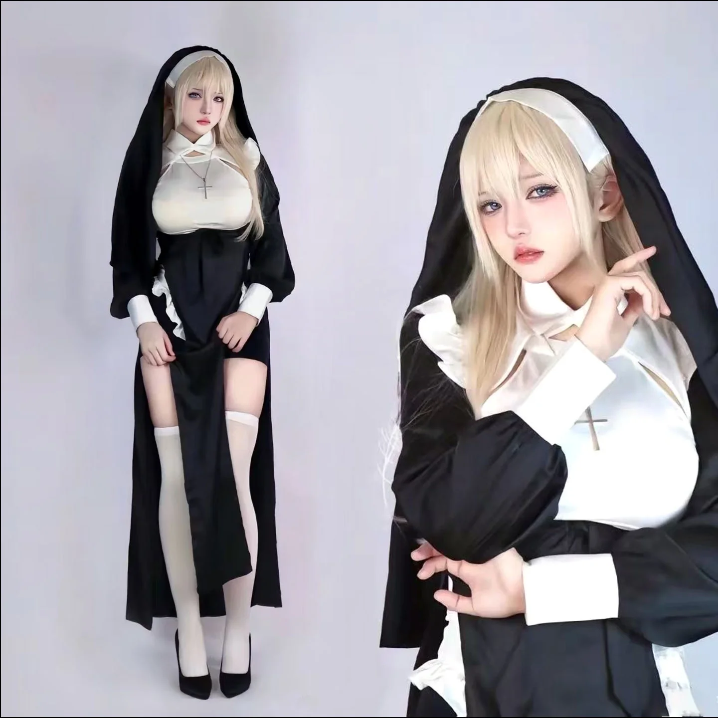 Seksowny strój zakonnicy na Halloween, chusta na głowę, cosplay, Lolita, gotycki kostium, czysta pokusa, damski długi strój do występów.