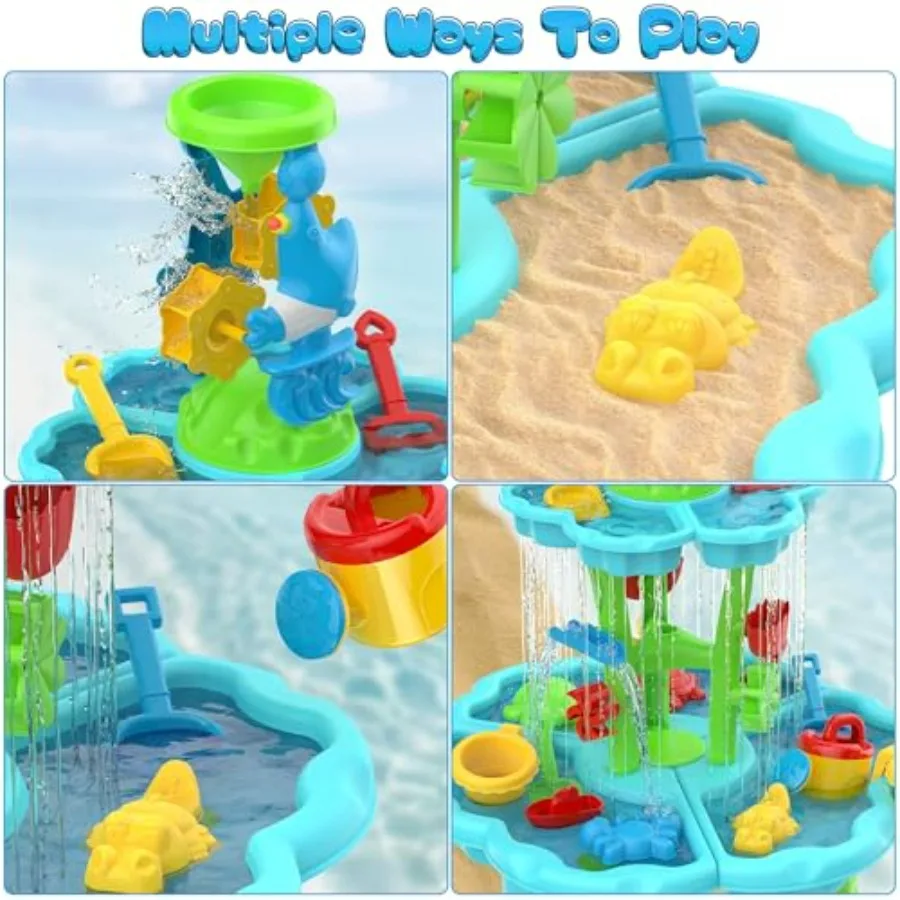 Outdoor water sand play table for toddlers 3-12, plastic, blue and yellow, 2-tier sensory activity table with splash features f