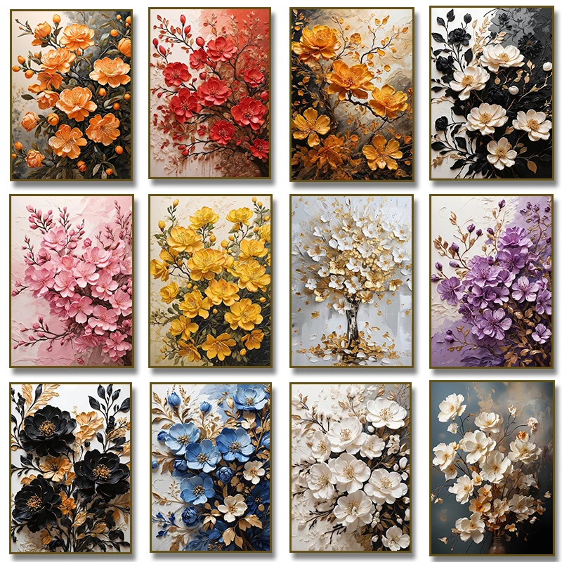 Bouquet de fleurs roses et oranges, arbre à fleurs dorées, peinture sur toile, affiche imprimée, image d'art murale pour décoration de salon et de maison