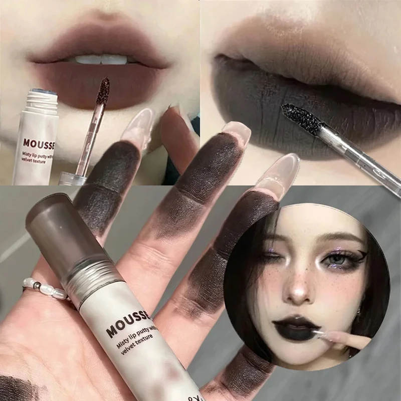 Gothic Black Matte Lipstick Waterproof Mousse Lip Mud Dark Brown Lipstick Nude Red Punk Silky Gloss Non-stick Lip Tint Makeup
