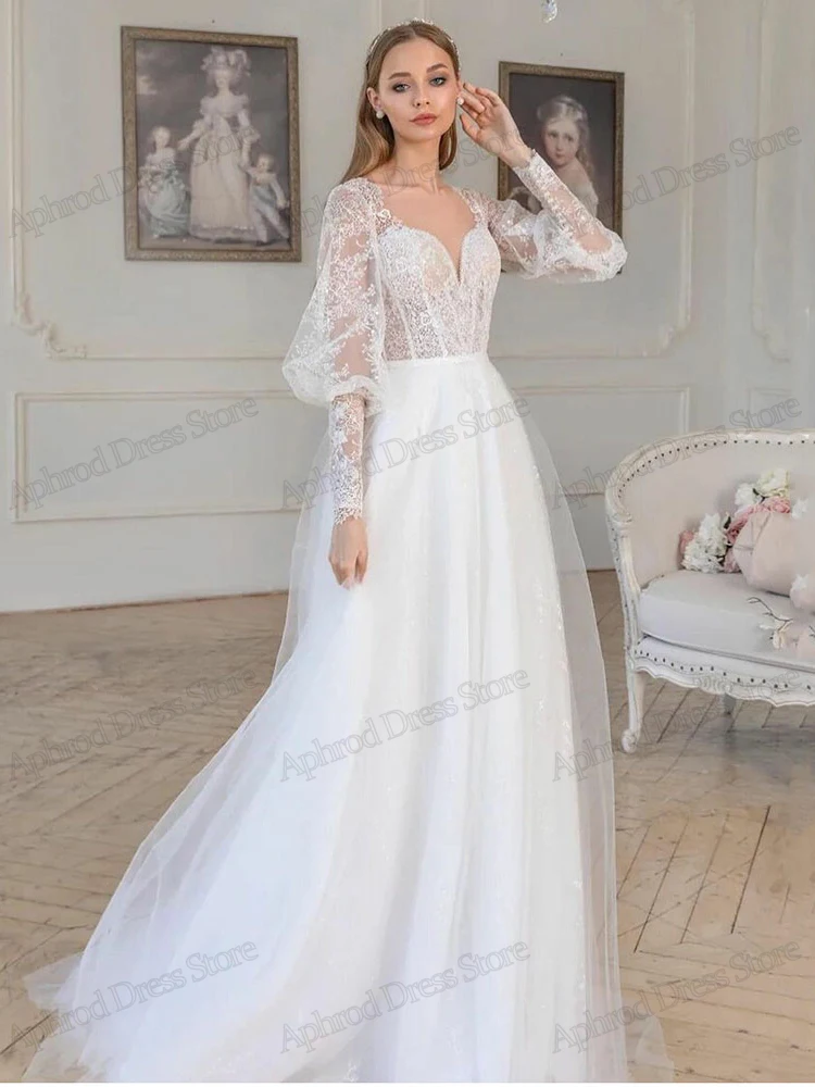 Vestido de casamento ilusão a linha, vestidos de noiva vintage, apliques de renda, até o chão, vestes glamorosas para noivas