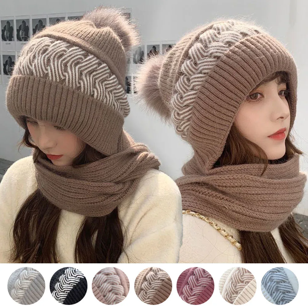 Winter Hat Scarf All-in-one Female Winter Warm Rabbit Hair Knitted Cap Cycling Ear Protection Padded Cute Cold-proof Neck Cap