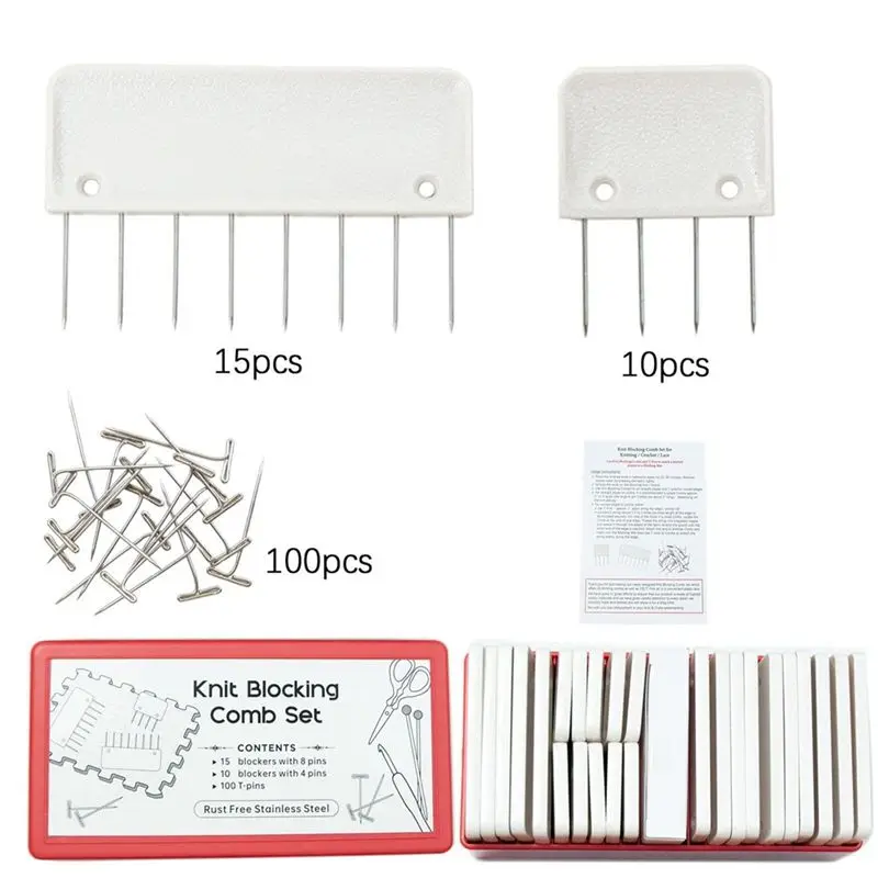 A58Z 25Pcs Stainless Steel Knitting Blocking Combs & 100Pcs Pins Blocking Knitting Crochet Lace Needlework Knit Set